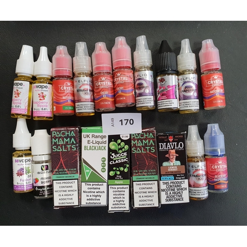 170 - NINETEEN BOTTLES OF E-CIGARETTE LIQUID
various makes and flavours, all 10ml
Note: you must be over t... 