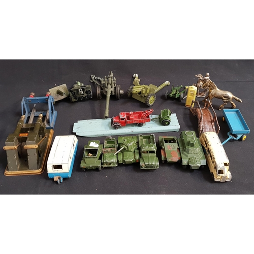 328 - ASSORTMENT OF TOYS INCLUDING VINTAGE DIE CAST VEHICLES 
including Dinky Caravan, Dinky Austin Champ,... 