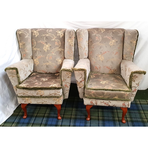 396 - PAIR OF WING BACK UPHOSTERED ARMCHAIRS
with queen Anne style legs to front, with green velvet floral... 