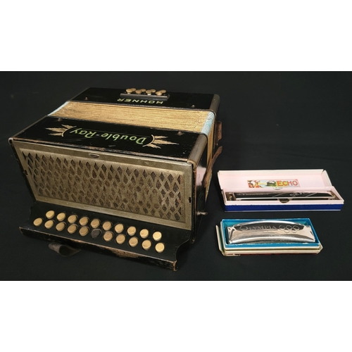 411 - HOHNER BLACK DOT DOUBLE RAY ACCORDIAN
together with two boxed harmonicas - Echo and Olympia