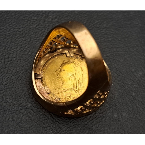 1 - SOVERIGN SET RING
the Victorian sovereign dated 1892 in nine carat gold ring mount with decorative p... 