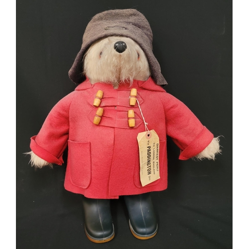 437 - VINTAGE PADDINGTON BEAR
by Gabrielle designs, in red jacket and faded black hat, black Dunlop wellie... 