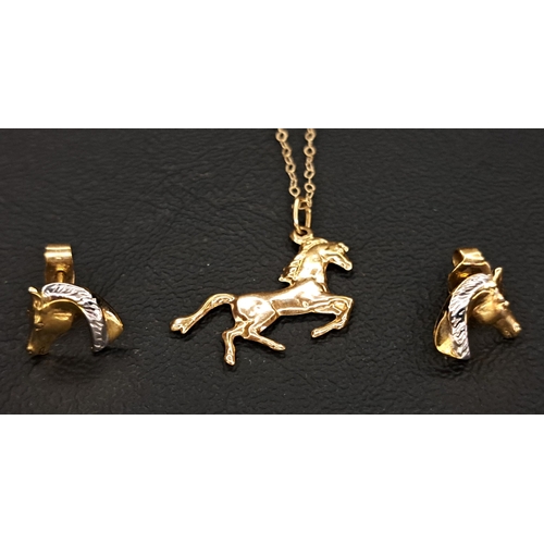 8 - NINE CARAT GOLD HORSE THEMED PENDANT AND EARRINGS
the pendant in a form of a galloping horse on nine... 