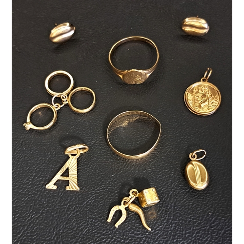 30 - SELECTION OF NINE CARAT GOLD JEWELLERY
comprising a wedding band and a heart signet ring; a pendant ... 