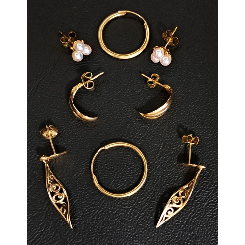 65 - FOUR PAIRS OF GOLD EARRINGS
comprising a pair of nine carat gold pierced drop earrings, a pair of pe... 