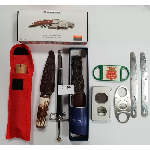 SELECTION OF BOTTLE OPENERS, CIGAR CUTTERS AND OTHER ITEMS
including a boxed Le Creuset cork remover, an extendable toasting fork, a boxed Sgian Dubh, etc.
Note: You must be over the age of 18 to bid on this lot.