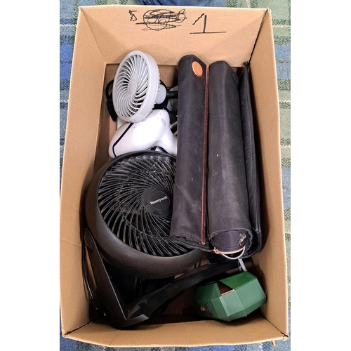 1 - ONE BOX OF ELECTRICAL ITEMS
including GHD straighteners in case, desk fans, bluetooth speaker, elect... 