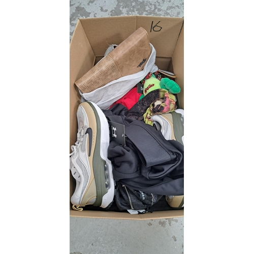 16 - ONE BOX OF NEW ITEMS
including Nike Air trainers (size US 9), Clothing from Boho, Under Armour, Jack... 