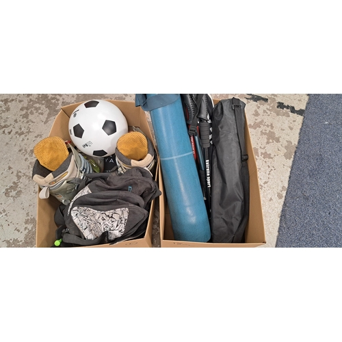 18 - TWO BOXES OF SPORTS AND LEISURE ITEMS
including a pair of Salomon Evolution ski boots (women's US 8)... 