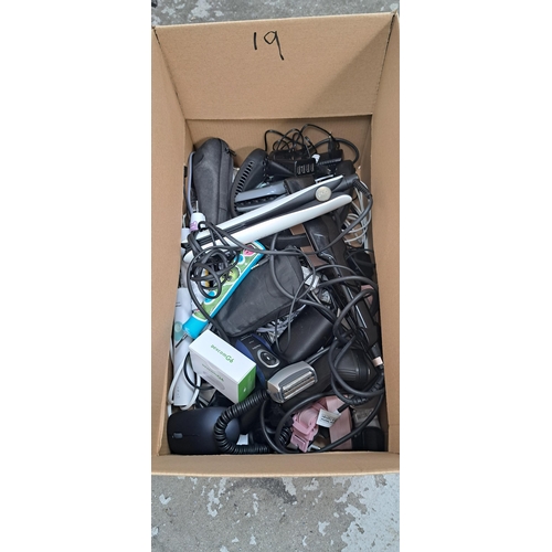 19 - ONE BOX OF CABLES, CHARGERS AND ELECTRICAL ITEMS
including GHD straighteners, Panasonic wet and dry ... 