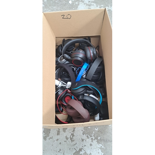 20 - ONE BOX OF HEADPHONES
including in ear, on ear and ear buds, brands include Sony, etc.