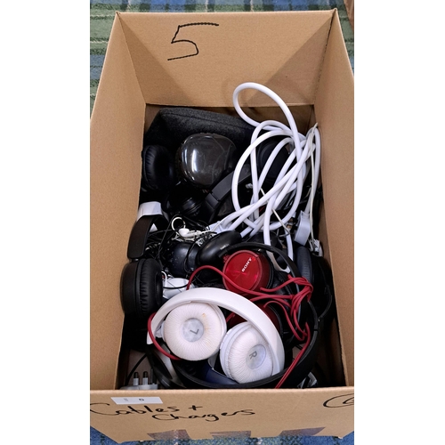 5 - ONE BOX OF CABLES, CHARGERS AND HEADPHONES
the headphones including on ear ,in ear and earbuds, bran... 