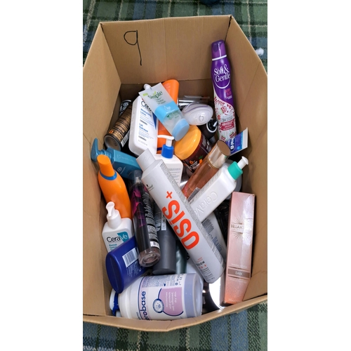 9 - ONE BOX OF TOILETRIES AND COSMETICS
including Malibu, Bellamianta, CeraVe, etc.