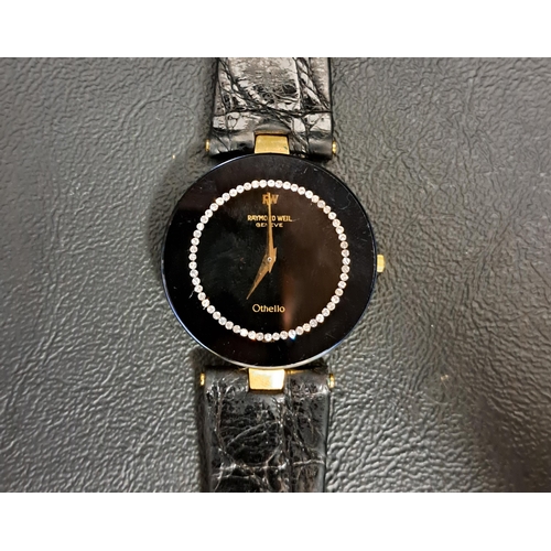 64 - RAYMOND WEIL OTHELLO WRISTWATCH
with crystal set black dial and gold plated case, the backplate numb... 