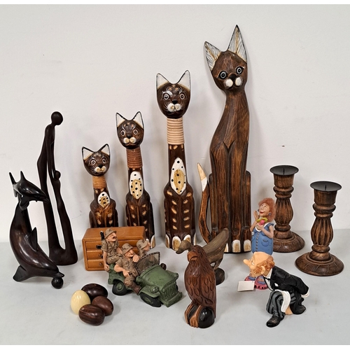 317 - LARGE SELECTION OF COLLCTABLES
including three graduated carved cat ornaments, the largest 49.5cm hi... 