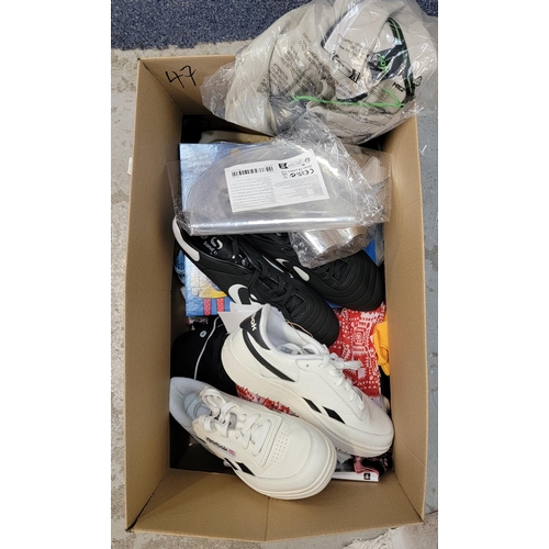 47 - ONE BOX OF NEW ITEMS
including: clothes, football boots, reebok trainers and children's puzzle