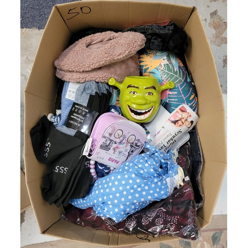 50 - ONE BOX OF NEW ITEMS
including: clothes, souvenirs, neck pillow, mug, sandals, socks