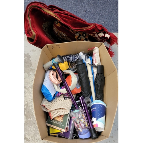 53 - ONE BOX OF MISCELLANEOUS ITEMS
including: rug, umbrellas, tools, CDs, Recorders, walking aid