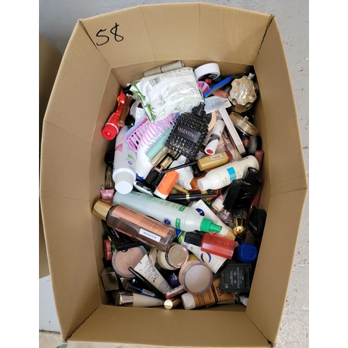 58 - ONE BOX OF TOILETRIES AND COSMETICS
including: Victoria's Secret, E.L.F, Valentino, Chanel, NYX, Rev... 