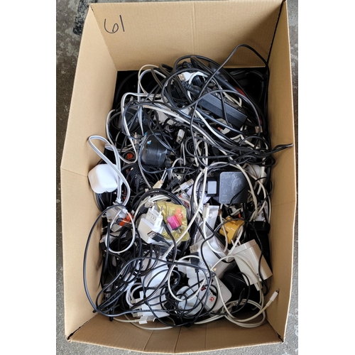 61 - ONE BOX OF HEADPHONES, CHARGERS AND CABLES 
including: branded and unbranded on and off ear headphon... 