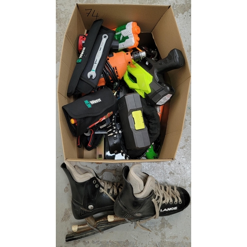 74 - ONE BOX OF MISCELLANEOUS ITEMS
including: toy/water guns, tool sets and loose tools, Black + Decker ... 