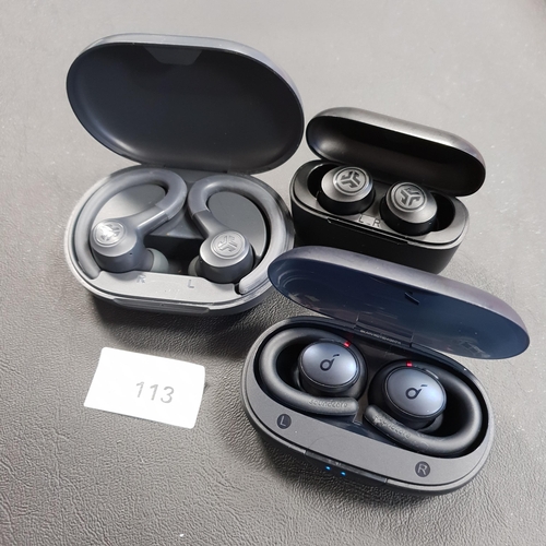 113 - THREE PAIRS OF EARBUDS IN CHARGING CASES
including 2x Jlab and Soundcore (3)