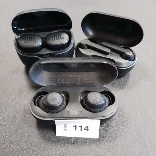 114 - THREE PAIRS OF EARBUDS IN CHARGING CASES
comprising Soundcore, JBL and Mpow (3)