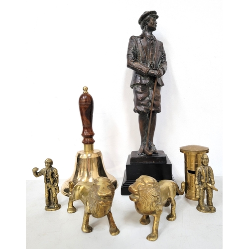 343 - BRONZED SCULPTURE OF A GOLFER
on black wooden plinth, 46cm high; together with a brass handbell, 28c... 