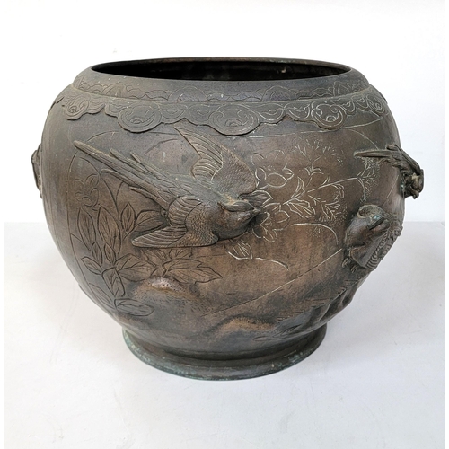 404 - LARGE BRONZE JAPANESE MEIJI PERIOD JARDINIERE
with birds and trees in relief and engraved water and ... 