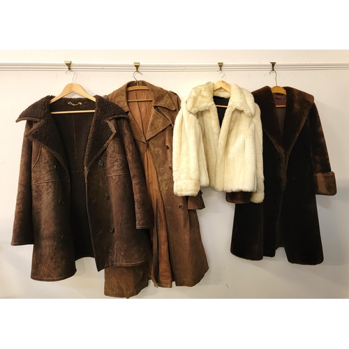 407 - FOUR VINTAGE COATS
consisting of brown Antartex lambskin coat, full length brown suede jacket, 107cm... 