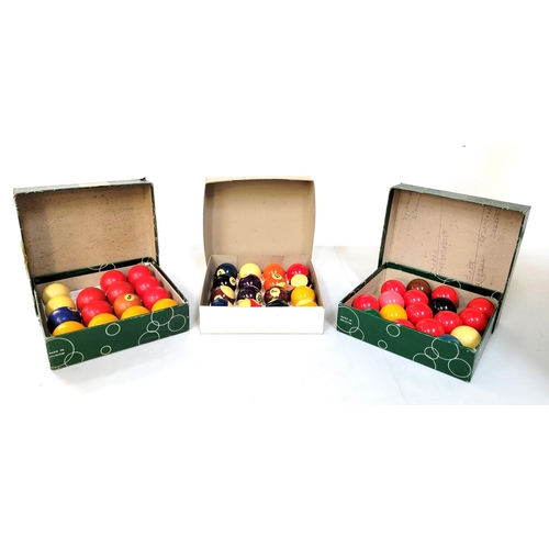 431 - THREE BOXES OF ARAMITH VINTAGE BALLS
consisting of 17 Snooker balls, 15 Billiard balls and 16 Pool b... 