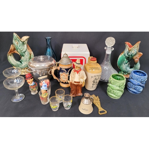 329 - ASSORTMENT OF DRINKING EPHEMERA
including stoneware 'William Gillies & Co' whisky flagon, two cerami... 