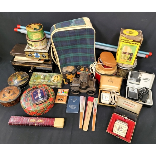 338 - SELECTION OF VINTAGE ITEMS
including Calliper set by Moore and wright, old tins, drums, fans, button... 