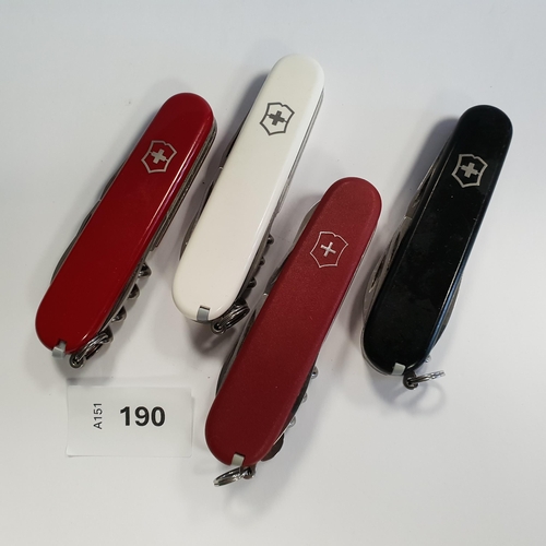 190 - FOUR VICTORINOX SWISS ARMY KNIVES
of various sizes and designs (4)
Note: You must be over the age of... 