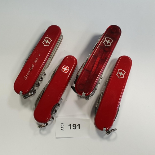 191 - THREE VICTORINOX SWISS ARMY KNIVES
of various sizes and designs; and another similar (4)
Note: You m... 