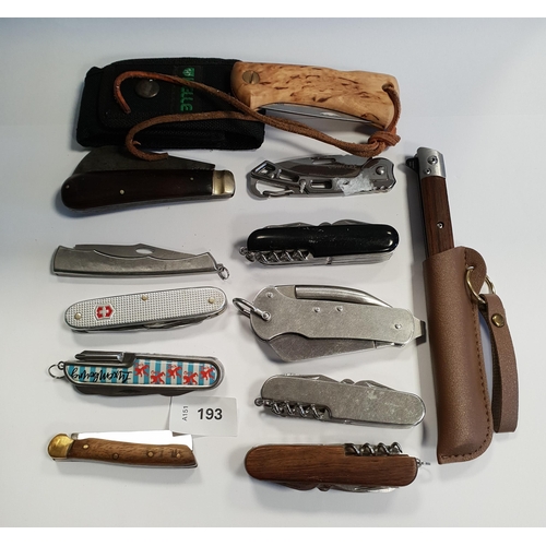 193 - TWELVE SWISS ARMY AND OTHER FOLDING KNIVES
of various sizes and design (12)
Note: You must be over t... 