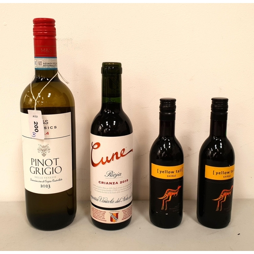 200 - FOUR BOTTLES OF WINE
comprising M&S Classics No.4 Pinot Grigio (12.5% and 75cl); Cune Rioja Crianza ... 