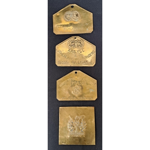 498 - FOUR BRASS MILITARY BED PLATES
comprising two Argyll & Sutherland Highlanders, one named for 31655 M... 