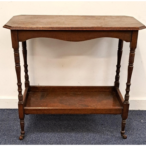 570 - OAK TROLLY/SIDE TABLE
raised on turned supports with casters and an unterdier, 79 x 73 x 40cm