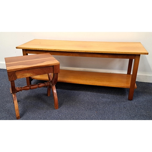 575 - TEAK RECTANGULAR COFFEE TABLE
with undertier; together with a stool with X side supports united by a... 