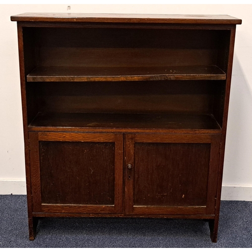 597 - STAINED OAK BOOK CASE OVER CUPBOARD
with open book case over two door cupboard, 95 x 107 x 28cm