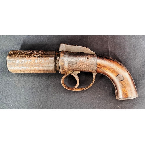 353 - MID 19TH CENTURY PERCUSSION PEPPERBOX REVOLVER
3 inch, six shot, fluted cylinder barrel, wooden slab... 