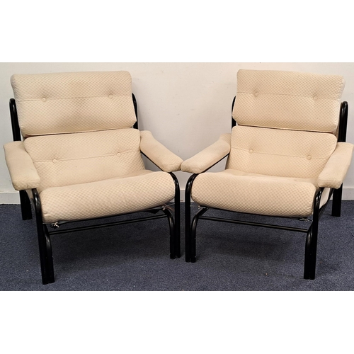 573 - PAIR OF PIEFF ALPHA STYLE CHAIRS 
with black tubular frames and three cushion sections, all with che... 