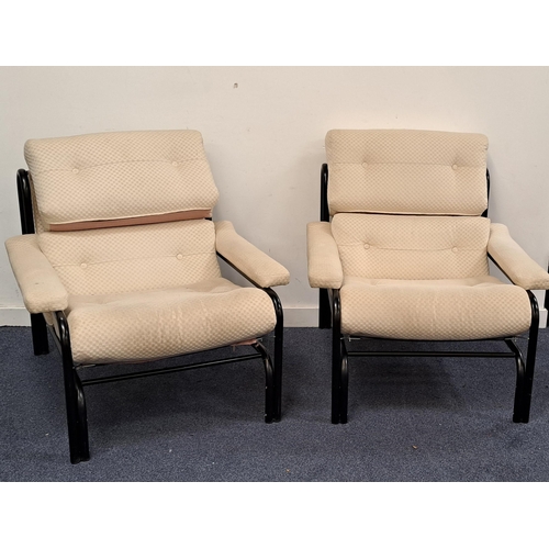 574 - PAIR OF PIEFF ALPHA STYLE CHAIRS 
with black tubular frames and three cushion sections, all with che... 