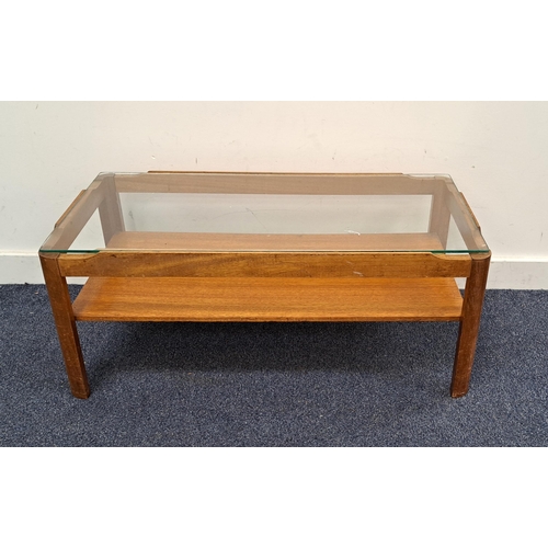 608 - MID CENTURY TEAK COFFEE TABLE
with glass top and teak shelf, 88 x 44 x 38cm