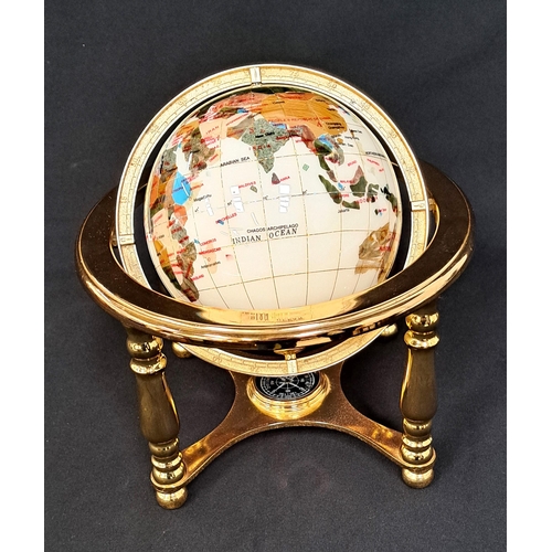 366 - LAPIS GEMSTONE GLOBE 
on gilt stand with central compass on base, various minerals and semi-precious... 