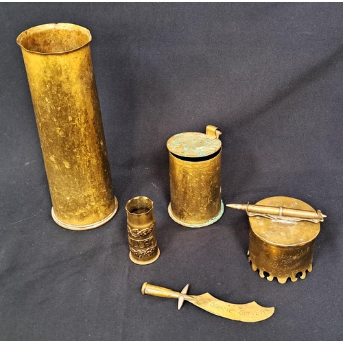 499 - SELECTION OF WWI TRENCH ART
including a large shell casing, a smaller shell casing marked 'Hill 60',... 