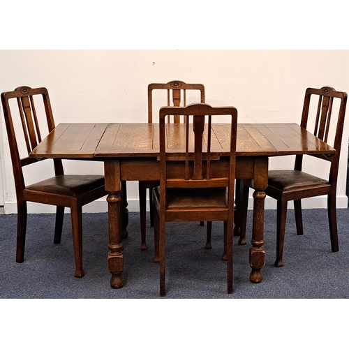 572 - OAK TABLE AND FOUR CHAIRS
the pull apart table raised on turned supports, 90.5/150cm x 74cm x 90.5cm... 