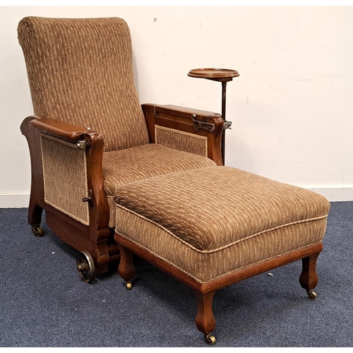 616 - UNUSUAL 1930s METAMORPHIC CHAIR/BED AND STOOL
in textured fabric upholstery, the oak framed chair wi... 