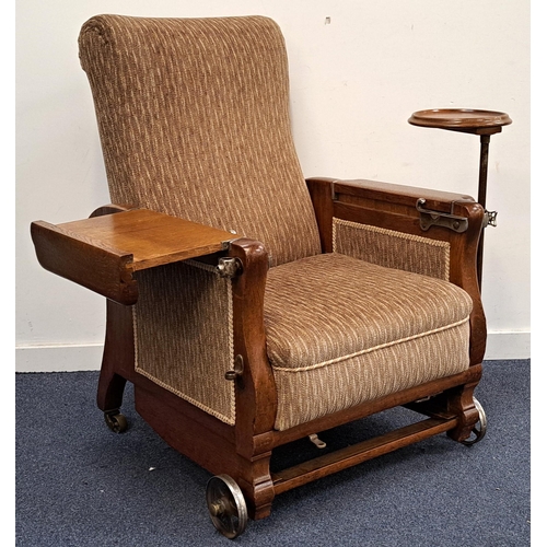 616 - UNUSUAL 1930s METAMORPHIC CHAIR/BED AND STOOL
in textured fabric upholstery, the oak framed chair wi... 